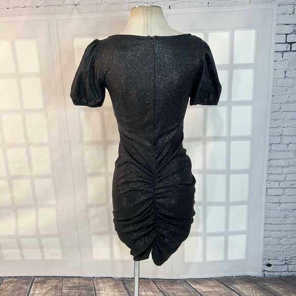 Prettylittlething Black NWT Glitter Ruched Puff Sleeve Cup Detail Bodycon Dress - Picture 8 of 13